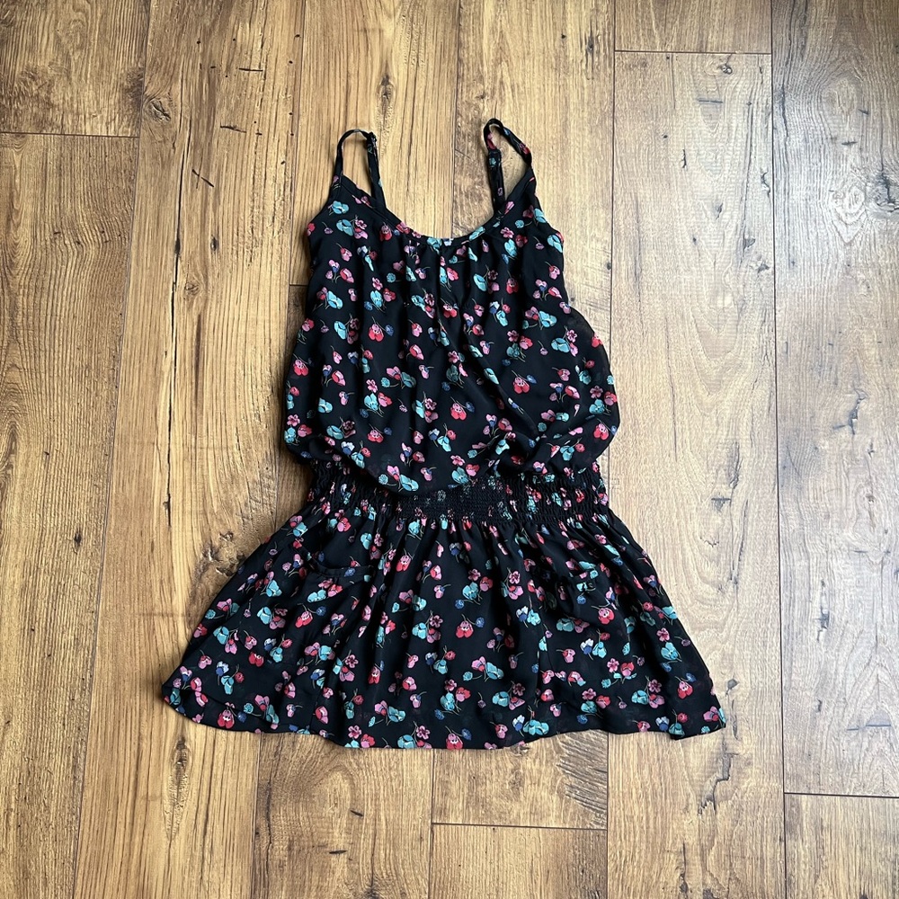 American Eagle Juniors sz 0 dress sundress black floral pink teal blue flowers